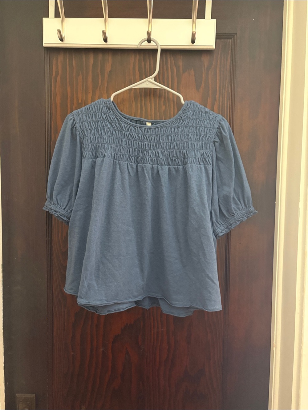 American Eagle Outfitters Blue Smocked Yoke Puff Sleeve Top